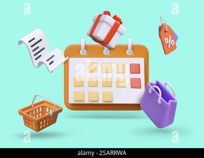 3d realistic calendar, shopping bag and gift box, basket and cash receipt. Shopping planning of gifts and purchases. Vector illustration in cartoon style. 3d realistic calendar, shopping bag and gift box, basket and cash receipt Stock Vector