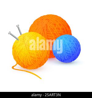 Different color balls of yarn threads. Bundles of wool for knitting isolated on white background. Realistic detailed colored yarn balls with knitting needles. Skeins of wool. Vector illustration EPS10 Stock Vector