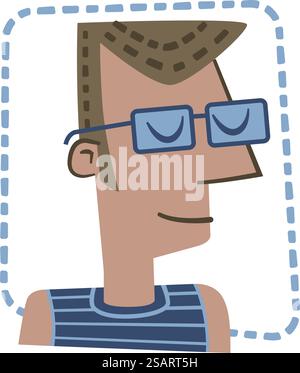 Retro style sticker of a young man with glasses and a summer dress Stock Vector