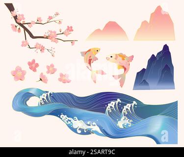 Vintage drawings of river waves, koi fish, cherry blossom and mountains. Oriental elements isolated on white background.. Oriental vintage water drawings Stock Vector