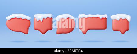 3D Set of Christmas Speech Bubble with Snow. Render Collection of Red Winter Dialogue Bubble Text Covered Snow. New Year Decoration. Christmas Holiday. New Year Xmas Celebration. Vector Illustration. 3D Set of Christmas Speech Bubble with Snow Stock Vector