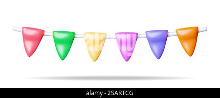 3D Pennant Bunting Flags Isolated on White. Render Bunting Festive Garland Realistic Icon. Horizontal Color Party Decoration. Holiday, Birthday, Party Celebration. Cartoon Vector Illustration. 3D Pennant Bunting Flags Isolated on White Stock Vector