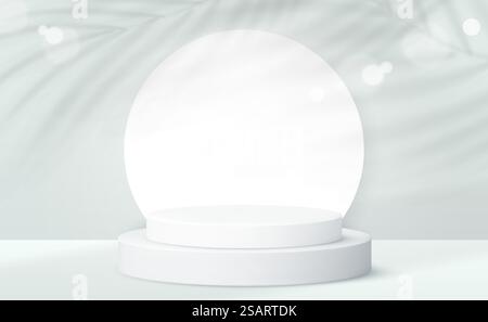 Realistic product podium and transparent shadow from palm leaf on white background. 3d round pedestal. Vector template Stock Vector