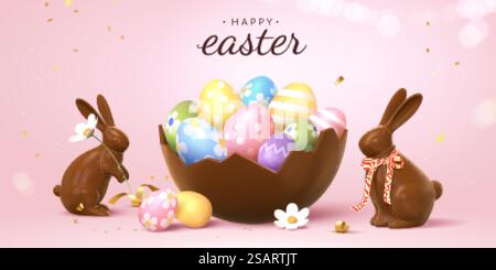3d Easter banner with beautiful painted eggs in broken chocolate eggshell. Concept of Easter egg hunt or surprise gifts.. 3d chocolate Easter banner Stock Vector