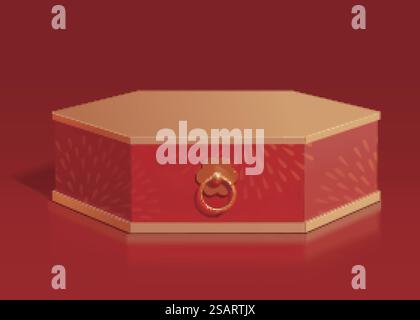 3d luxury oriental hexagon stage isolated on red background. Suitable for Chinese new year decor.. 3d Asian hexagon decor podium Stock Vector