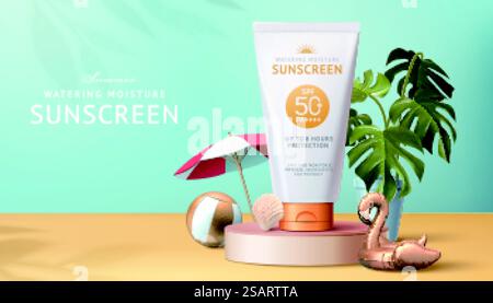 Sunscreen protection cosmetic ad banner, summer uv block cream tube ...
