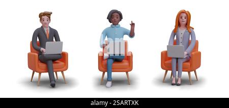 Set of vector characters of office workers. Men and women sitting with laptops in chairs in different poses. Front view. Isolated color illustration in cartoon style. Set of vector characters of office workers. Men and women sitting with laptops in chairs Stock Vector