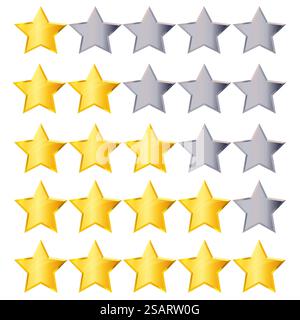 Golden rating stars set isolated on white background. Gold and silver star collection to  rank hotel, restaurant, product. Vector eps10 illustration Stock Vector