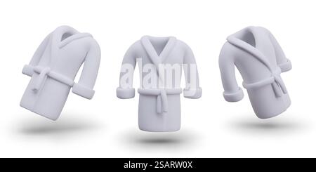 White bathrobe with belt. Vector object in different positions. Clothes for bath, shower, sauna. Clean realistic image with shadow, mockup, place for logo. White bathrobe with belt. Vector object in different positions. Clothes for bath, shower, sauna Stock Vector
