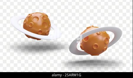 3D planet with craters and asteroid belt. Textured vector image. Colored object in different positions. Space giant with long ring. Icons in cartoon style. Isolated images. 3D planet with craters and asteroid belt. Textured vector image Stock Vector