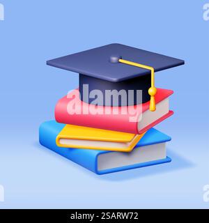 3D Graduation Cap and Stack of Books Isolated. Render Graduation Hat ...