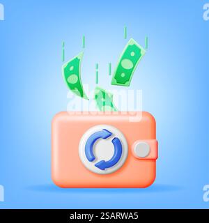 3D Round Arrow with Dollar Banknotes in Wallet. Render Cashback or Return Money in Shopping. Concept of Payment with Money Back. Refund and Digital Payment. Return of Investment. Vector Illustration. 3D Round Arrow with Dollar Banknotes in Wallet Stock Vector