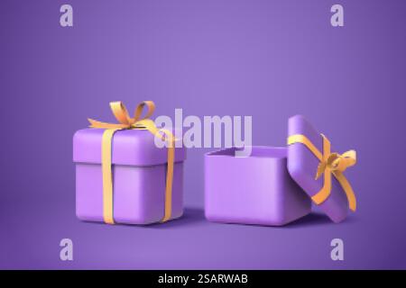 3d illustration of two purple gift boxes with bows and ribbons, isolated on purple background. Two purple gift boxes Stock Vector
