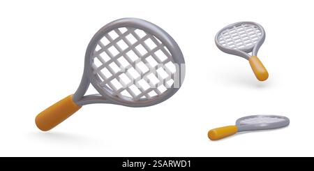 Realistic tennis racket. New sports accessory with taut strings. Sport symbol. Vector object, view from different sides. Isolated image on white background. Realistic tennis racket. New sports accessory with taut strings. Sport symbol Stock Vector