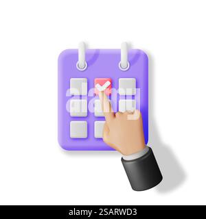 3D Hand Putting Check Mark on Calendar Isolated. Render Calendar Icon. Schedule, Appointment, Organizer, Timesheet, Important Date. Time Management Concept. Minimal Vector Illustration. 3D Hand Putting Check Mark on Calendar Stock Vector