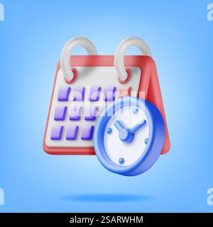3D Paper Spiral Wall Calendar and Clocks Isolated. Render Calendar and Alarm Clocks. Schedule, Appointment, Organizer, Timesheet, Time Management, Important Date. Cartoon Vector Illustration. 3D Paper Spiral Wall Calendar and Clocks Isolated. Stock Vector