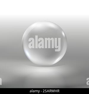 Realistic glass sphere, vector illustration EPS10. Big transparent glossy 3d ball with glares  and shadow isolated on gray abstract background. Beautiful globe with highlights Stock Vector