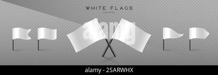 White flag vector set. Map marks for gps point. Racing flags collection. 3d icons isolated on transparent background Stock Vector