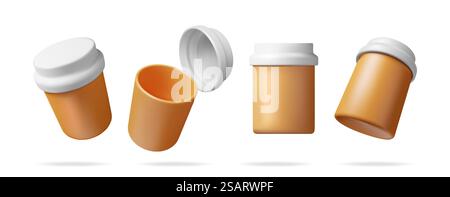 3D Plastic Pill Bottles from Different Angles Collection Isolated. Render Set of Medicine Package for Pills, Capsule, Drugs. Box for Illness and Pain Treatment Healthcare Pharmacy. Vector Illustration. 3D Plastic Pill Bottles from Different Angles Stock Vector