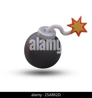 Model of realistic bomb with burning fuse on white background. Explosive weapons concept. Item for online computer game in 3d style. Vector illustration. Model of realistic bomb with burning fuse on white background Stock Vector