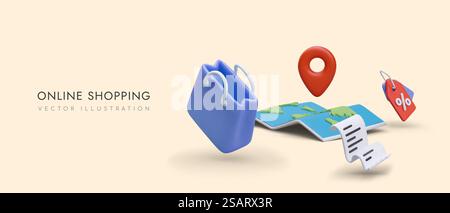 Online shopping. Store advertisement in cartoon style. 3D bag, map, geotag, receipt, price tag with discount. Worldwide delivery. Color header, banner. Online shopping. Store advertisement in cartoon style. 3D bag, map, geotag, receipt, price tag Stock Vector