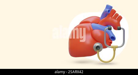 Regular examination of heart. Signboard template for cardiology department. World Heart Day. Prevention of heart diseases. Color banner with 3D composition. Regular examination of heart. Signboard template for cardiology department Stock Vector