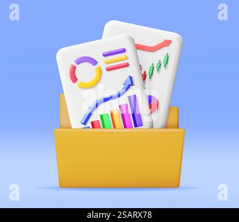 3D File Folder full of Paper Sheet with Pie Diagram. Render Stock Pie Growth or Success. Financial Item, Business Investment, Financial Market Trade and Reports. Money and Banking. Vector Illustration. 3D File Folder full of Sheet with Pie Diagram Stock Vector