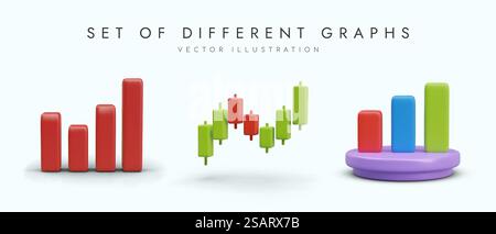 Set of vector diagrams of different types. Bar chart, stock trading, podium chart. Color vector illustration. Tools for control, collection of statistical data. Set of vector diagrams of different types. Bar chart, stock trading, podium chart Stock Vector