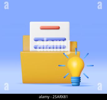 3D Business Folder full of Papers and Idea Bulb Isolated. Render Yellow Folder for Correspondence, File for Paper Documents. Open Folder Icon, Manila Archive Case or Ring Binder. Vector Illustration. 3D Business Folder full of Papers and Idea Bulb Stock Vector