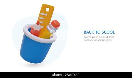 3D pen holder. Colored cup for pencils. Set of stationery. Office organizers. Cleanliness on desk. Advertising concept in cartoon style. Template for billboard, banner, flyer. 3D pen holder. Colored cup for pencils. Set of stationery. Office organizers Stock Vector