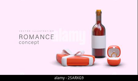 Romantic concept. Bottle of wine, box of sweets, wedding ring. Advertising poster on pink background. Promotion for Valentine Day. Goods for lovers. Marriage proposal. Romantic concept. Bottle of wine, box of sweets, wedding ring. Advertising poster on pink background Stock Vector