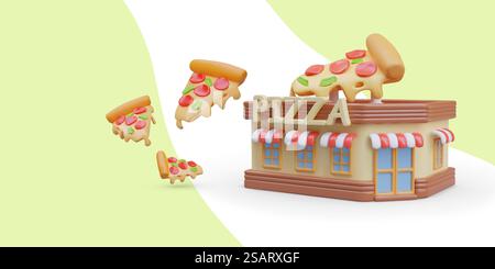 Pizzeria building with text sign in English. Huge pieces of hot pizza with sausage and melting cheese. Time for snack. Commercial composition on colored background. Pizzeria building with text sign in English. Huge pieces of hot pizza with sausage and cheese Stock Vector