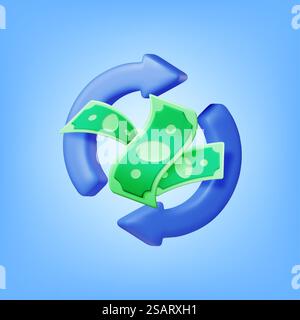3D Round Arrow with Dollar Banknotes Isolated. Render Cashback or Return Money in Shopping. Concept of Payment with Money Back. Refund and Digital Payment. Return of Investment. Vector Illustration. 3D Round Arrow with Dollar Banknotes Stock Vector
