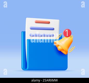 3D Document Folder with Notification Bell. Golden Render Ringing Bell and Ring Binder. File for Paper Documents. Alert and Alarm Symbol. Social Media Network Notification Reminder. Vector Illustration. 3D Document Folder with Notification Bell Stock Vector
