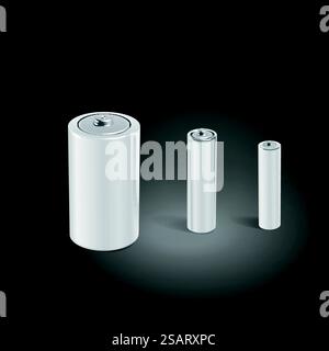 blank batteries template isolated on black background. 3D illustration.. blank batteries set Stock Vector