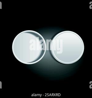 top view of open round metal box isolated on black background. 3D illustration.. round metal box Stock Vector