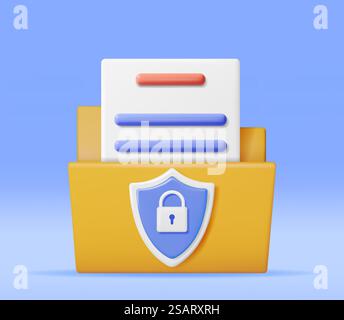 3D Document Folder with Padlock in Shield Isolated. Render Folder and Pad Lock. Concept of Business Security, Data Protection and Confidentiality. Safety, Encryption and Privacy. Vector Illustration. 3D Document Folder with Padlock in Shield Stock Vector