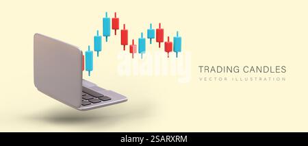 Realistic laptop, colored trading candles. Price level tracking. Sale and purchase of shares online. Advertising of stock market website. Changing graph of value of currency. Realistic laptop, colored trading candles. Price level tracking. Sale and purchase of shares online Stock Vector