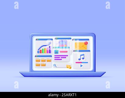 3D Laptop Application Windows Interface Isolated. Render Computer Software User Interface. UI Search, Music, Browser, Financial Calculator, File Manager Mail Notification Windows. Vector Illustration. 3D Laptop Application Windows Interface Stock Vector