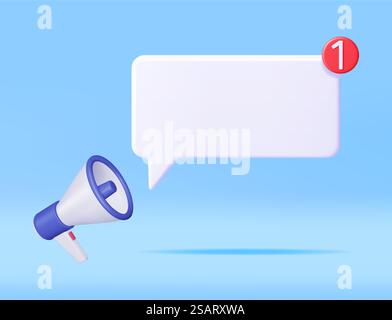 3D Megaphone with Blank Bubble Chat Isolated. Render Plastic Megaphone Realistic. Modern Bullhorn or Loudspeaker. Announcement Message, Marketing, Job, Attention. Vector Illustration. 3D Megaphone with Blank Bubble Chat Stock Vector