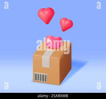 3D Cardboard Box with Hearts Inside. Open Carton Package with Love Heart Shapes. Donate Money, Charity, Save Money Concept. Cargo, Delivery and Transportation. Vector Illustration. 3D Cardboard Box with Hearts Inside. Stock Vector