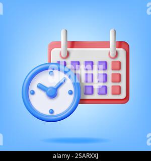 3D Paper Spiral Wall Calendar and Clocks Isolated. Render Calendar and Alarm Clocks. Schedule, Appointment, Organizer, Timesheet, Time Management, Important Date. Cartoon Vector Illustration. 3D Paper Spiral Wall Calendar and Clocks Isolated. Stock Vector
