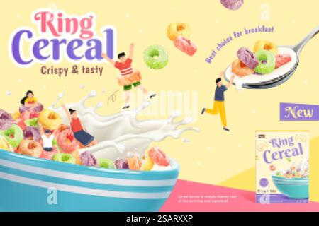 3d crispy and tasty ring cereal ad banner. Kids playing in a bowl full of ring cereals and splash of milk. Suitable for healthy breakfast.. Colorful ring cereals ad banner Stock Vector
