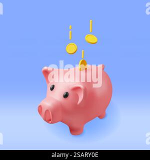 3D Piggy Bank with Coins Isolated. Render Plastic Piggy Bank for Money. Moneybox in Form of Pig. Concept of Cash Money, Business Deposit Investment, Financial Savings. Vector Illustration. 3D Piggy Bank with Coins Stock Vector