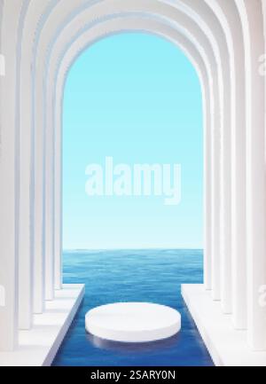 3d surreal scene design with luxury white marble arch corridor in the middle of blue ocean. Suitable for product display.. 3d surreal scene with arch corridor Stock Vector
