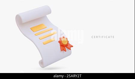 Certificate on white paper scroll with seal. 3D illustration in cartoon style. Document about education, diploma, right to work. Color vector object for site, app. Certificate on white paper scroll with seal. 3D illustration in cartoon style Stock Vector