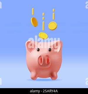 3D Piggy Bank with Coins Isolated. Render Plastic Piggy Bank for Money. Moneybox in Form of Pig. Concept of Cash Money, Business Deposit Investment, Financial Savings. Vector Illustration. 3D Piggy Bank with Coins Stock Vector