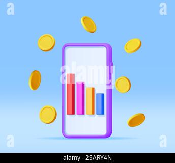 3D Growth Stock Diagram on Mobile Phone. Render Stock Bars on Smartphone Shows Growth or Success. Financial Item, Business Investment, Financial Market Trade. Money and Banking. Vector Illustration. 3D Growth Stock Diagram on Mobile Phone Stock Vector