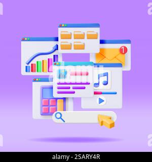 3D Application Windows Interface Isolated. Render Computer Software User Interface. UI Search, Music, Browser, Financial, Calculator, File Manager, Mail Notification Windows. Vector Illustration. 3D Application Windows Interface Isolated Stock Vector