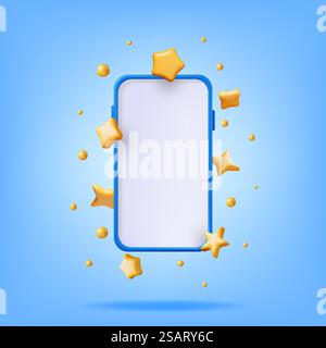 3D Party Confetti on Mobile Phone. Render Gold Confetti on Smartphone. Golden Firecracker Elements in Various Shapes. Party Holyday Surprise or Birthday Events. Vector Illustration. 3D Party Confetti on Mobile Phone Stock Vector